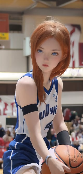 Beautiful teen orange hair, freckles, blue eyes, basketball uniform,photo r3alge