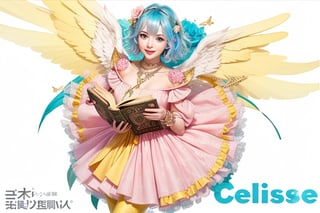 1girl, solo, looking at viewer, smile, short hair, pink dress, holding, jewelry, blue hair, yellow eyes, flower, pantyhose, wings, necklace, character name, crystal cross bracelet on hand, copyright name, holding book,angel_wings,solo,masterpiece