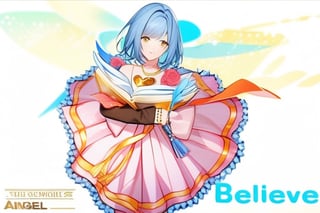 1girl, solo, looking at viewer, smile, short hair, pink dress, holding, jewelry, blue hair, yellow eyes, There are red roses on the shoulders, pantyhose, wings, necklace, character name, crystal cross bracelet on hand, copyright name, holding book,angel_wings,solo,masterpiece,The words in the lower right corner are "Believe"