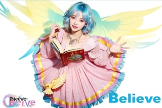 1girl, solo, looking at viewer, smile, short hair, pink dress, holding, jewelry, blue hair, yellow eyes, flower, pantyhose, wings, necklace,cross crystal bracelet on hand, copyright name, holding book,angel_wings,solo,masterpiece,The words in the lower right corner are "Believe"