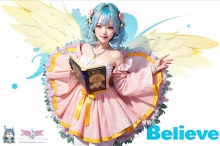 1girl, solo, looking at viewer, smile, short hair, pink dress, holding, jewelry, blue hair, yellow eyes, There are red roses on the shoulders, pantyhose, wings, necklace, character name, crystal cross bracelet on hand, copyright name, holding book,angel_wings,solo,masterpiece,The words in the lower right corner are "Believe"