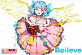 1girl, solo, looking at viewer, smile, short hair, pink dress, holding, jewelry, blue hair, yellow eyes, There are red roses on the shoulders, pantyhose, wings, necklace, character name, crystal cross bracelet on hand, copyright name, holding book,angel_wings,solo,masterpiece,The words in the lower right corner are "Believe"