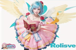 1girl, solo, looking at viewer, smile, short hair, pink dress, holding, jewelry, blue hair, yellow eyes, There are red roses on the shoulders, pantyhose, wings, necklace, character name, crystal cross bracelet on hand, copyright name, holding book,angel_wings,solo,masterpiece,The words in the lower right corner are "Believe"