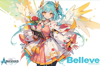 1girl, solo, looking at viewer, smile, short hair, pink dress, holding, jewelry, blue hair, yellow eyes, There are red roses on the shoulders, pantyhose, wings, necklace, character name, crystal cross bracelet on hand, copyright name, holding book,angel_wings,solo,masterpiece,The words in the lower right corner are "Believe"