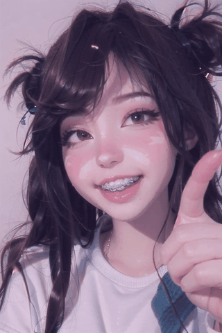 (masterpiece), simple white background, 1girl, grin, pointing at viewer, Ahegao,braces,egirlmakeup