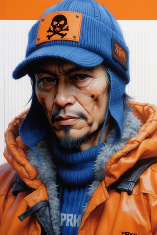 Grim dark reaper portrait in tactical gear with wearing a blue knitted hat, Hyperrealism Art by Yoji Shinkawa, orange text writing in background 'Brian Wif Hat'