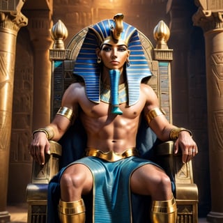 ((Generate hyper realistic portrait image of  Egyptian God of Ra sitting in an throne in his castle  )) semi side view,  gold eyes, photography style , Extremely Realistic,  (((full body))),, darkart,3dmdt1,ste4mpunk,HZ Steampunk