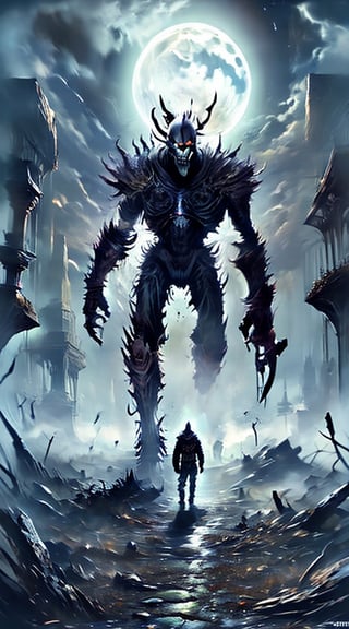 Create a giant devile humanoid walking on earth, scary looking hybrid, mutant, agressive, human enemy, apocalypse, with zombie and galaxy behind him.,horror