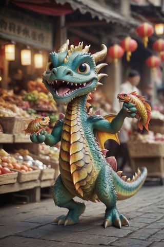 Cinematic still of a dragon holding fish with paws and runing away from merchant, funny face,  running away in a market. Shallow depth of field, vignette, highly detailed, high budget, bokeh, Cinemascope, moody, epic, gorgeous, film grain, grainy
,a cute dragon,more detail XL