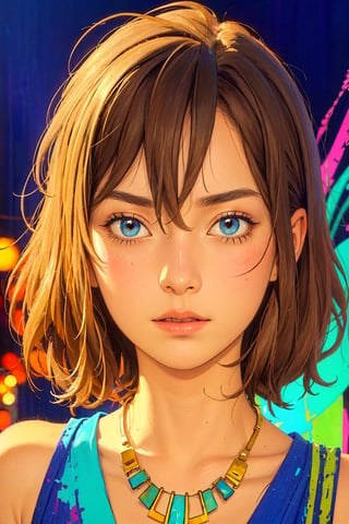 1girl, solo, Muge, oil painting, impasto, looking at viewer, a young woman, 18 years old, light_brown hair, long shoulder-length haircut, blue eyes, tribal necklace, urban psychedelic outfit, psychedelic  background, masterpiece, nijistyle, niji, ,sciamano240, soft shading, muge