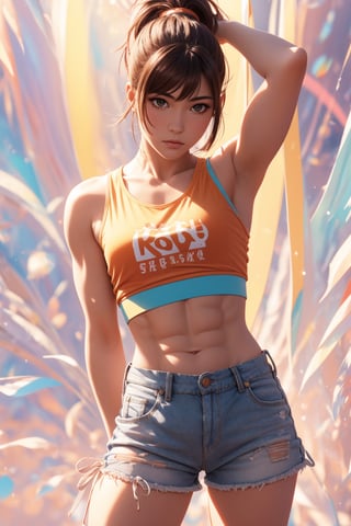 1boy, solo, Mei Ganeko, oil painting, impasto, looking at viewer, a tomboy woman, 19 years old, long red_brown hair, ponytail haircut,  hazel eyes, urban psychedelic outfit, tomboy focus, athletic body, ripped abs, orange_t-shirt, white_baggy_shorts, psychedelic  background, masterpiece, nijistyle, niji, ,sciamano240, soft shading, 1girl,1 girl,Mai Ganeko