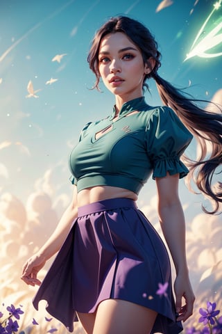 Masterpiece, HD, 8K, high resolution,  green eyes, dark_purple hair, comeback haircut, pigtail, elegant, blue glow, defiant and well-detailed look, majestic,  cowboy_shot, blue sky, fantasy castle, spring forest, see viewer,1 girl, Hay Lin, 1girl, ((Aerokinesis superpower)), ((wind control)), ((wind superpower)), green eyes, dark_purple hair, comeback haircut, pigtail, ((violet sleeves)),  ((dark_blue baggy skirt)), 1girl, ,W.I.T.C.H.