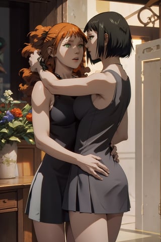 2girl, Momomi Momoi, Malmet, perfect anatomy, perfect proportions, perfect perspective, lesbian couple, ((2 people)), first giving woman is Momomi Momoi ((long orange curly hair, green eyes)). second receiving is woman is Valmet ((short black bob haircut hair, gray eyes)).  muscular body, big breasts, ripped abs, wide hips, big ass. ((Valmet is taller than Momomi)), ((tight dresses with miniskirt)), ((fantasy landscape)), (best quality), (8k), (masterpiece), best quality, 1 image, hug, momomi, valmet,Color Booster