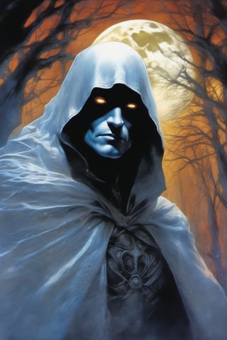 Moon Knight, Marvel Comics, extremely cold colours, normal skin Highly detailed, highly cinematic, close-up image of a deity of moon, perfect composition, psychedelic night colours, magical flowing mist, forest nature, silver_blue-fullmoon, lots of details, spirist, ghost, soul,  metallic ink, beautifully lit, a fine art painting by drew struzan and karol bak, gothic art, dark and mysterious, ilya kuvshinov, russ mills, 
