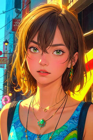 1girl, solo, Muge, oil painting, impasto, looking at viewer, a young woman, 18 years old, light_brown hair, long shoulder-length haircut, green eyes, tribal necklace, urban psychedelic outfit, psychedelic  background, masterpiece, nijistyle, niji, ,sciamano240, soft shading, muge