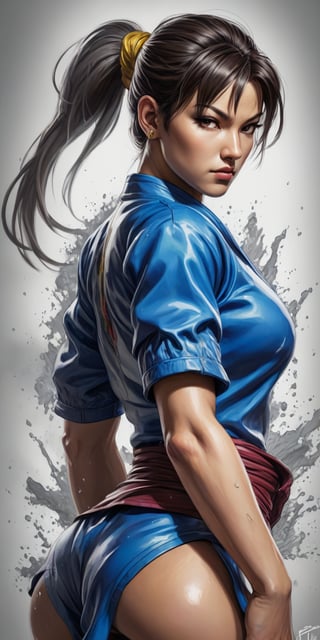 realistic sketch, Chun li, Street Fighters, CAPCOM, (((splashes of Storm colors))), Storm colors.