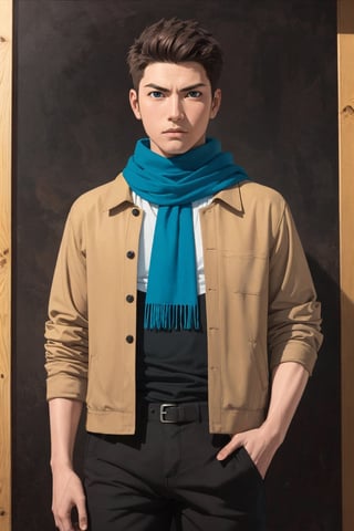 1boy, solo, Konohamaru, oil painting, impasto, looking at viewer, a teenager man, 16 years old, short spiky brown hair, blue eyes, tribal necklace, slim, athletic, muscular body, black baggy t-shirt, beige jacket, blue  scarf, black baggy pants,  psychedelic  background, masterpiece, nijistyle, niji, ,sciamano240, soft shading, fantasy, Konohamaru Sarutobi