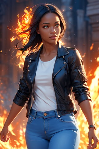 Masterpiece, HD, 8K, high resolution,  amber eyes, black hair, dark skin, elegant, blue glow, defiant and well-detailed look, majestic,  cowboy_shot, blue sky, fantasy castle, spring forest, see viewer,1 girl, Taranee Cook, 1girl, ((pyrokinesis superpower)), ((fire control)), ((fire' superpower)),  short black hair, amber eyes, dark skin, ((black jacket)),  ((jeans)), ((white t-shirt)), 1girl, Taranee Cook