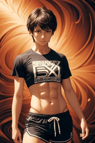 1boy, solo, Sanae Sawamura, oil painting, impasto, looking at viewer, a tomboy woman, 19 years old, very short spiky black hair, (shaved on the sides haircut), grey eyes, urban psychedelic outfit, tomboy focus, athletic body, marked muscles,  ripped abs, black_t-shirt, red_baggy_shorts, psychedelic  background, masterpiece, nijistyle, niji, ,sciamano240, soft shading, Sanae Sawamura,1girl,1 girl