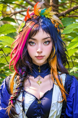 1girl, solo, headdress, long_hair, feathers, jewelry, purple-yellow_hair, amber eyes, gem, forest_background, lips, hair_ornament, braid, portrait, watermark, see_viewer, feather_hair_ornament, tattoo, Color Booster,(hlfcol haired girl with color1 and col)