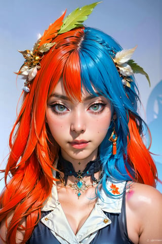1girl, solo, headdress, long_hair, feathers, jewelry, orange-blue_hair, amber eyes, gem, light_blue_background, lips, hair_ornament, braid, portrait, watermark, see_viewer, feather_hair_ornament, tattoo, Color Booster,(hlfcol haired girl with color1 and col)