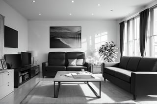 (masterpiece), best quality, living room, medium shot, BlackworkStyleManityro, monochrome, lineart