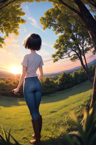 (masterpiece), best quality, 1girl, solo, black hair, short hair, brown eyes, shirt, short sleeve, blue pants, boots, standing, outdoor, grass, trees, sunset, sun, fisheye lens