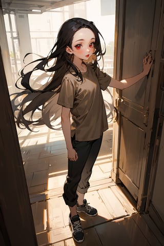 masterpiece, best quality, 1girl, solo, mature, black hair, long hair, straight hair, forehead, brown eyes, shirt, short sleeve, pants, shoes, standing, outside, [fisheye lens:: 3], girl