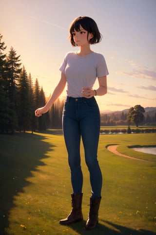 (masterpiece), best quality, 1girl, solo, black hair, short hair, brown eyes, shirt, short sleeve, blue pants, boots, standing, outdoor, grass, trees, sunset, sun, oil painting