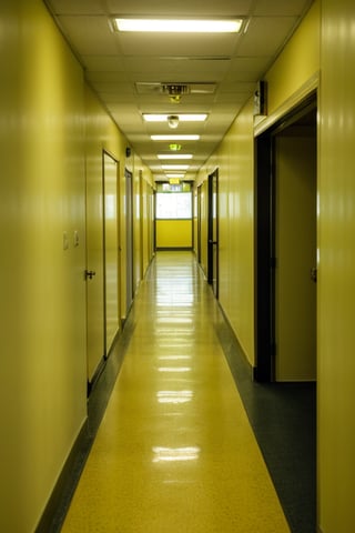 liminal hallway, yellow walllpaper, fluorescent lights, level 0, creepy