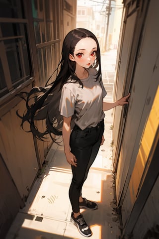 masterpiece, best quality, 1woman, solo, mature, black hair, long hair, straight hair, forehead, brown eyes, shirt, short sleeve, pants, shoes, standing, outside, [fisheye lens:: 3], girl