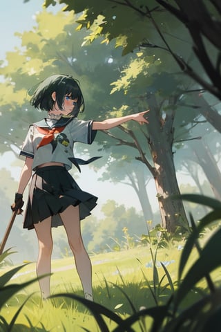 masterpiece, best quality, highres, 1girl. short hair, school shirt, short sleeve, skirt, standing, outdoor, nature, grass