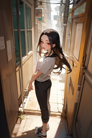 masterpiece, best quality, 1girl, solo, mature female, black hair, long hair, straight hair, forehead, brown eyes, shirt, short sleeve, pants, shoes, standing, outside, [fisheye lens:: 3], girl