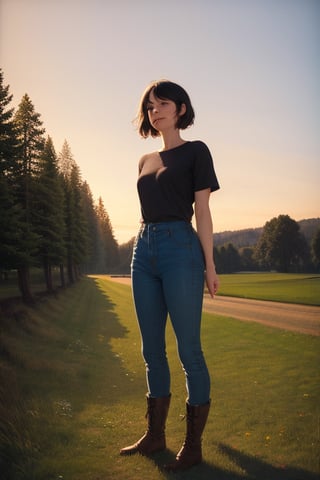 (masterpiece), best quality, 1girl, solo, black hair, short hair, brown eyes, shirt, short sleeve, blue pants, boots, standing, outdoor, grass, trees, sunset, sun, oil painting,classic painting