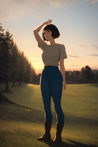 (masterpiece), best quality, 1girl, solo, black hair, short hair, brown eyes, shirt, short sleeve, blue pants, boots, standing, outdoor, grass, trees, sunset, sun, oil painting,classic painting