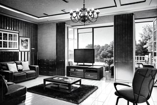(masterpiece), best quality, living room, medium shot, BlackworkStyleManityro, monochrome