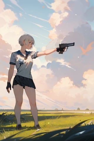 masterpiece, best quality, highres, 1girl. short hair, school shirt, short sleeve, skirt, weapon, pistol, holding, standing, outdoor, nature, grass