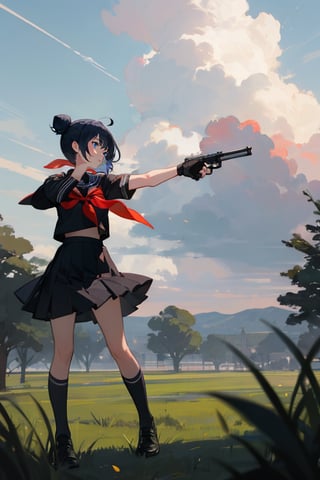 1girl, solo, short hair, skirt, shirt, black hair, red eyes, holding, school uniform, blue hair, standing, full body, weapon, short sleeves, outdoors, sky, shoes, serafuku, day, cloud, black skirt, sailor collar, hair bun, black footwear, holding weapon, neckerchief, gun, black shirt, single hair bun, cloudy sky, grass, holding gun, red neckerchief, handgun, black sailor collar, black serafuku, morino rinze