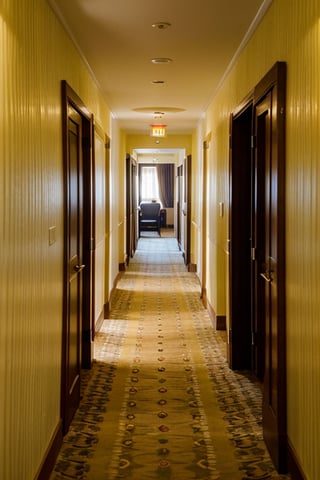 cinematic photo of hotel hallway, yellow wallpaper, Extremely Realistic