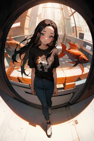 masterpiece, best quality, 1girl, solo, mature female, black hair, long hair, straight hair, forehead, brown eyes, shirt, short sleeve, pants, shoes, standing, outside, [fisheye lens:: 1], girl