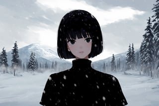 masterpiece, high quality, highres, 1girl, solo, young, slim, black hair, bobcut, bangs, black eyes, detailed eyes, closed mouth, monochromatic clothing theme color, black shirt, short sleeves, turtleneck, from above, standing up, outside, snowing, snow, snowforest, cold lighting, daytime, cloudy_sky, cloud_scape,AGGA_ST004