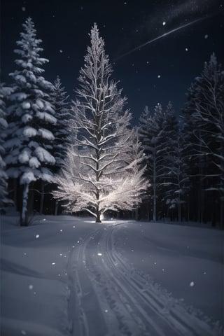 snow, trees, dark background, night, nighttime