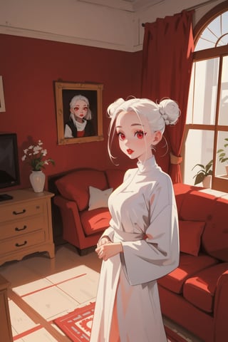 1girl, mature woman, white hair, double bun, forehead, red eyes, smile, standing, living room, indoor, [fisheye lens:: 1], from front, [2D: 11], [flat colors: 17], masterpiece, best quality, absurdres, very aesthetic, newest, General,SAM YANG