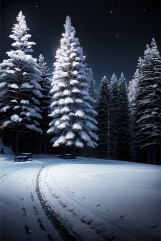 snow, snowforest, dark background, night, nighttime, ghibli style