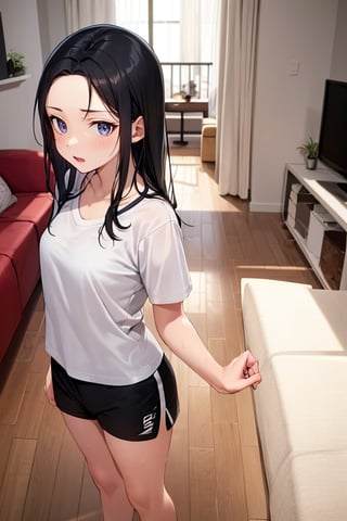 (masterpiece), best quality, 1girl, black hair, long hair, forehead, shirt, short sleeve, sweat shorts, standing, living room