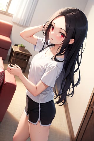 (masterpiece), best quality, 1girl, black hair, long hair, forehead, red eyes, shirt, short sleeve, sweat shorts, standing, living room, [fisheye lens:: 3]