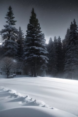 snow, trees, dark background, night, nighttime, ghibli style