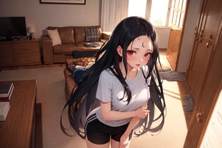 (masterpiece), best quality, 1girl, black hair, long hair, straight hair, forehead, shirt, short sleeve, sweat shorts, standing, living room, wide shot