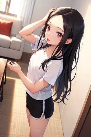 (masterpiece), best quality, 1girl, black hair, long hair, forehead, shirt, short sleeve, sweat shorts, standing, living room, [fisheye lens:: 3]