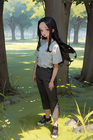 masterpiece, best quality, 1girl, solo, mature female, black hair, long hair, straight hair, forehead, brown eyes, shirt, short sleeve, pants, shoes, standing, outside, grass, girl